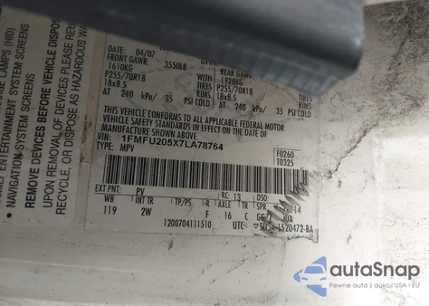 2007 Ford Expedition Limited z USA, uszkodzony, nr VIN 1FMFU205X7LA78764